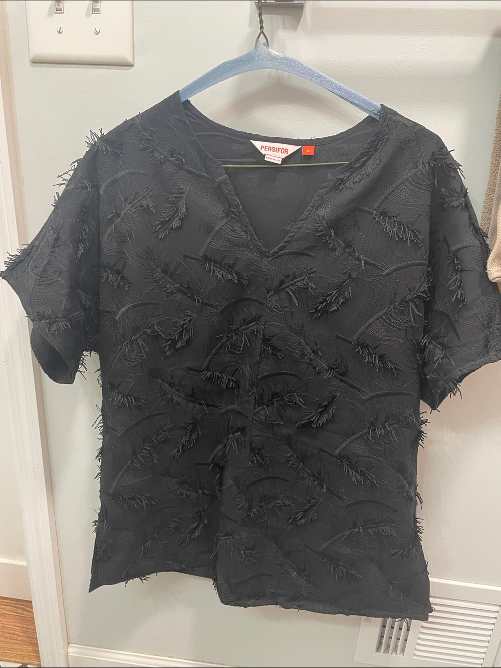 Persifor Black Frayed V-Neck Short Sleeve Blouse
